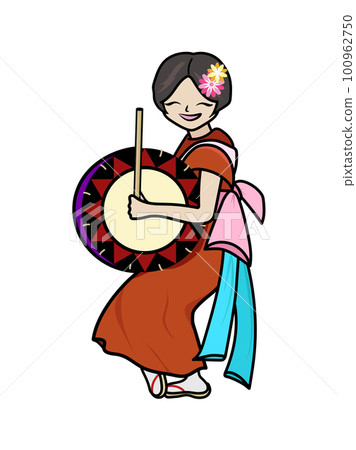 A woman holding a taiko drum and performing the Iwate Sansa Dance A woman holding a taiko drum and performing the Iwate Sansa Dance 100962750
