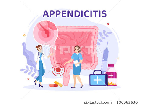 Appendicitis Illustration with Inflammation of the Appendix and Stomach Treatment in Healthcare Flat Cartoon Hand Drawn for Landing Page Templates 100963630