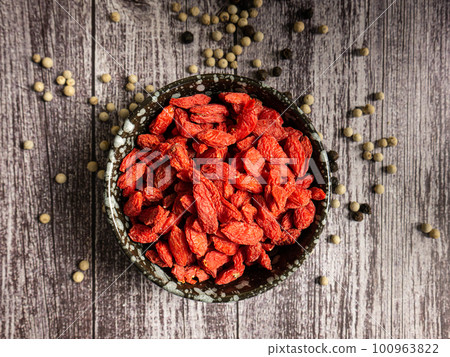 The goji on wood table for food or health concept The goji on wood table for food or health concept 100963822