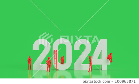 The white 2024 number and red business man on green background 3d rendering The white 2024 number and red business man on green background 3d rendering 100963871