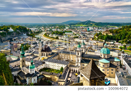 Aerial panorama of Salzburg with Salzburg Cathedral in Austria 100964072