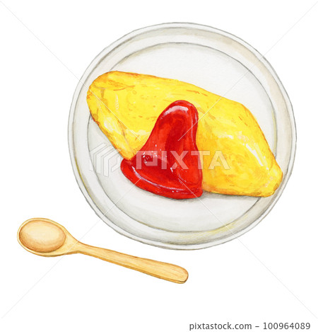 Hand drawn watercolor simple omelet rice and spoon set illustration 100964089