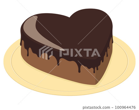 Sponge cake with heart-shaped chocolate sauce on a gold plate Sponge cake with heart-shaped chocolate sauce on a gold plate 100964476