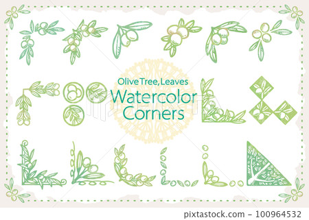 A set of frame corners with olives and leaves. Watercolor style, vector material. A set of frame corners with olives and leaves. Watercolor style, vector material. 100964532