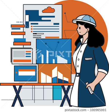 Female architect designing a house illustration in doodle style Female architect designing a house illustration in doodle style 100965001