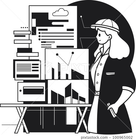 Female architect designing a house illustration in doodle style Female architect designing a house illustration in doodle style 100965002