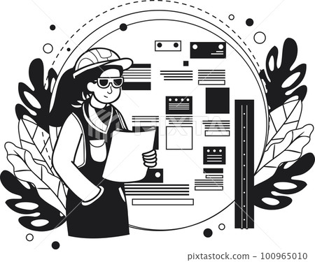 Female engineer supervising construction work illustration in doodle style 100965010