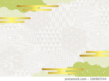 Green cloud and hexagon Japanese pattern background horizontal on white background 100965544