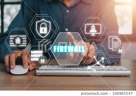 Firewall computing security concept, Person working on computer with Firewall icon on virtual screen, Business, Technology, Internet and network. 100965547