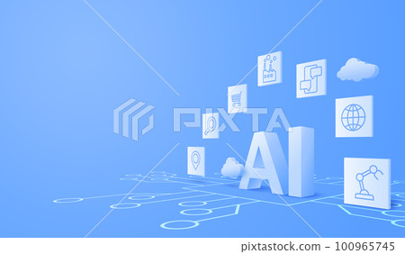 3D artificial intelligence with circuit electric background. Digital futuristic big data visualization and machine learning. vector banner art illustration. 3D artificial intelligence with circuit electric background. Digital futuristic big data visualization and machine learning. vector banner art illustration. 100965745