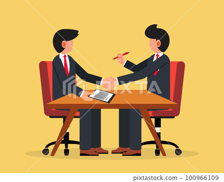 Business handshake. Businessmen shaking hands on negotiating table with signs signing Business handshake. Businessmen shaking hands on negotiating table with signs signing 100966109