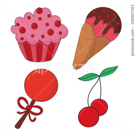 Collection desserts. Pink cupcake with sprinkles. Cherry on a branch, leaves. Ice cream in cone with chocolate. Red lollipop with ribbon. 100967301