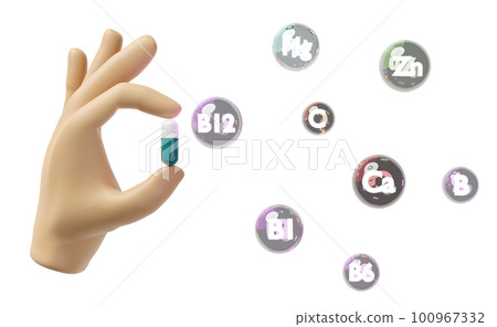 3d hand holding capsule pill with multivitamins, protect your health, The vitamins your body needs isolated. 3d render illustration 3d hand holding capsule pill with multivitamins, protect your health, The vitamins your body needs isolated. 3d render illustration 100967332