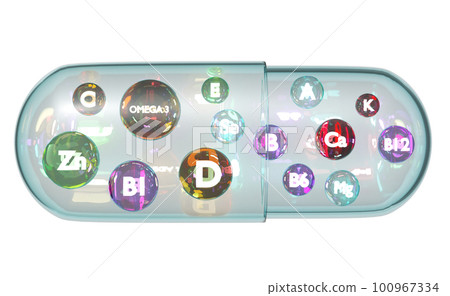 3d capsule pill with multivitamins, protect your health, The vitamins your body needs isolated. 3d render illustration 3d capsule pill with multivitamins, protect your health, The vitamins your body needs isolated. 3d render illustration 100967334