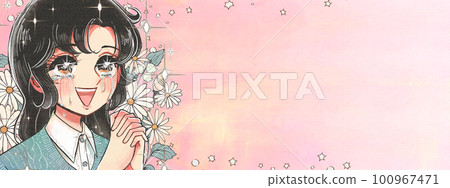 Gratitude and emotion... A girl's cartoon-style illustration banner with tears of joy 100967471
