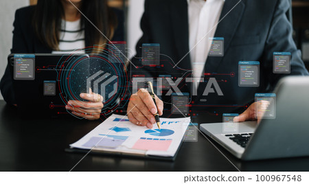 Blockchain financial technology to secure cryptocurrencies for online payment and digital transaction. Fintech concept. Man working on laptop computer, smartphone and tablet... Blockchain financial technology to secure cryptocurrencies for online payment and digital transaction. Fintech concept. Man working on laptop computer, smartphone and tablet... 100967548