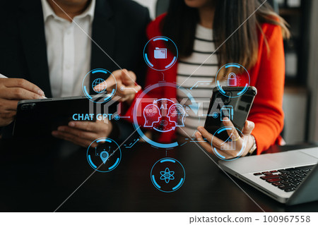 Man and woman using chatbot in computer and tablet  smart intelligence Ai.Chat GPT Chat with AI Artificial Intelligence, developed by OpenAI generate. Futuristic technology, robot in online system. 100967558
