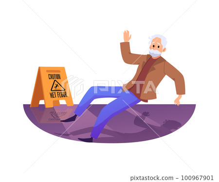 Elderly man slipped on wet floor flat style, vector illustration Elderly man slipped on wet floor flat style, vector illustration 100967901