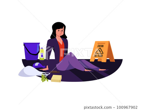 Sad woman sitting on wet floor after falling, flat vector illustration isolated on white background. 100967902