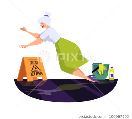 Old woman falling on wet floor despite the caution sign, flat vector illustration isolated on white background. 100967903