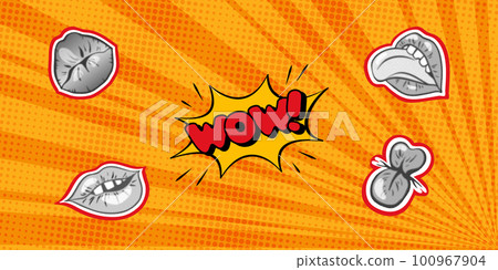 Comic background in the style of pop art with halftone dots and yellow rays. Vintage backdrop with collage elements with mouth and tongue. Inscription wow. Vector. 100967904