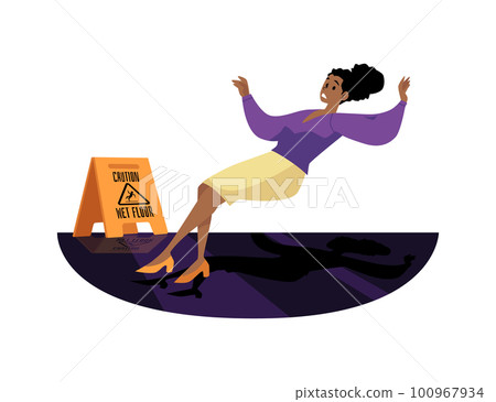 Falling stylish woman slipped on wet floor flat style, vector illustration Falling stylish woman slipped on wet floor flat style, vector illustration 100967934