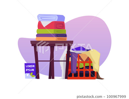 Stacks of clean washed clothes after laundry, flat vector illustration isolated. 100967999