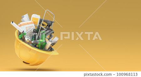 different tools set inside the helmet concept of repair tools warehouse promotion 3d render on color background 100968113