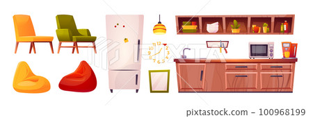 Cartoon set of hostel kitchen furniture on white 100968199