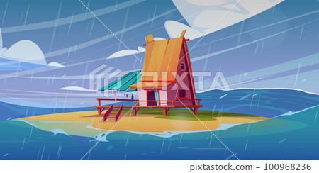 Fisherman house on island beach, sea storm vector Fisherman house on island beach, sea storm vector 100968236