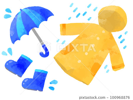 Umbrella, boots and raincoat illustration hand drawn watercolor style 100968876