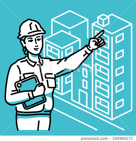 A female worker with a tablet terminal and a new building building A female worker with a tablet terminal and a new building building 100969172