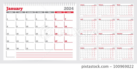 Calendar 2024 planner template. Week Starts on Monday. Set of 12 Months. Vector Illustration Calendar 2024 planner template. Week Starts on Monday. Set of 12 Months. Vector Illustration 100969822