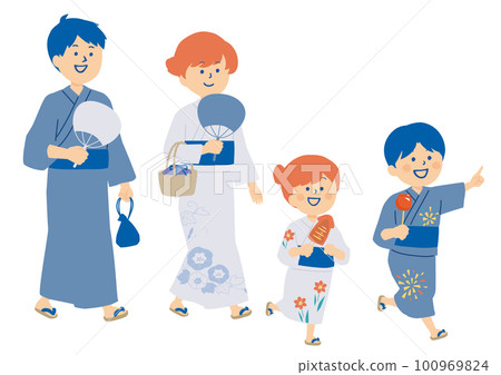 Illustration of a family walking in a yukata 100969824