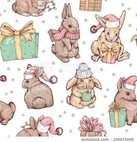 Hand drawn Christmas seamless pattern with cute rabbits and gift boxes, sketch vector illustration. Hand drawn Christmas seamless pattern with cute rabbits and gift boxes, sketch vector illustration. 100970006
