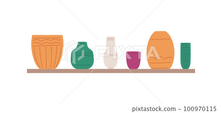 Shelf with vases for home decor sales and second hand market, flat vector isolated. Shelf with vases for home decor sales and second hand market, flat vector isolated. 100970115