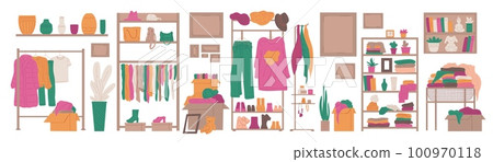 Second hand shop, garage sale or vintage market - flat vector illustration isolated on white background. Second hand shop, garage sale or vintage market - flat vector illustration isolated on white background. 100970118