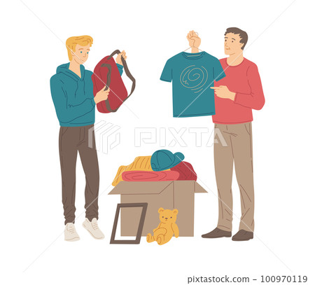 Men shopping in second hand shop, flat vector illustration isolated on white background. Men shopping in second hand shop, flat vector illustration isolated on white background. 100970119