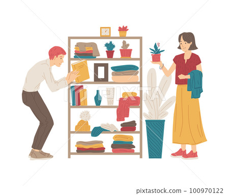 People in second hand shop or flea market, flat vector illustration isolated. 100970122