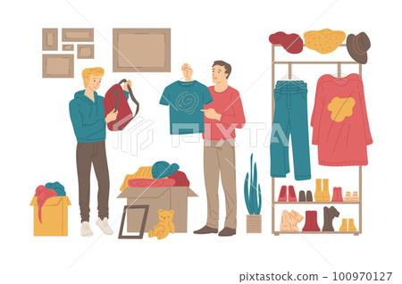 People buying things in second hand shop flat vector illustration isolated. People buying things in second hand shop flat vector illustration isolated. 100970127