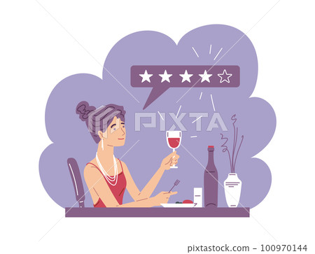Food blogger gives a positive rating to restaurant, flat vector isolated. 100970144
