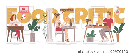 Huge food critic text and working people flat style, vector illustration Huge food critic text and working people flat style, vector illustration 100970150