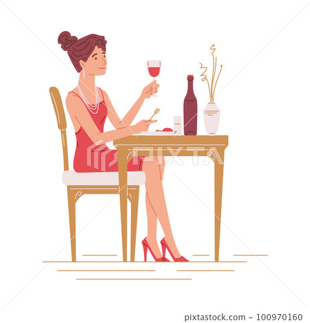 Elegant woman in dress eating in restaurant, flat vector illustration isolated on white background. Elegant woman in dress eating in restaurant, flat vector illustration isolated on white background. 100970160