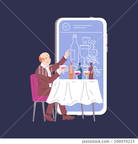 Wine sommelier tasting wine in restaurant, flat vector illustration isolated on dark background. Wine sommelier tasting wine in restaurant, flat vector illustration isolated on dark background. 100970215