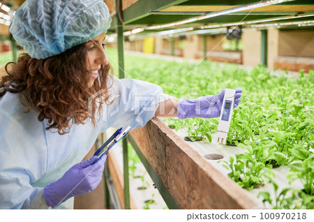 Smiling female gardener in disposable cap holding clipboard and water conductivity meter while standing near shelf with green leafy plants. Woman researcher using digital water tester in greenhouse. Smiling female gardener in disposable cap holding clipboard and water conductivity meter while standing near shelf with green leafy plants. Woman researcher using digital water tester in greenhouse. 100970218