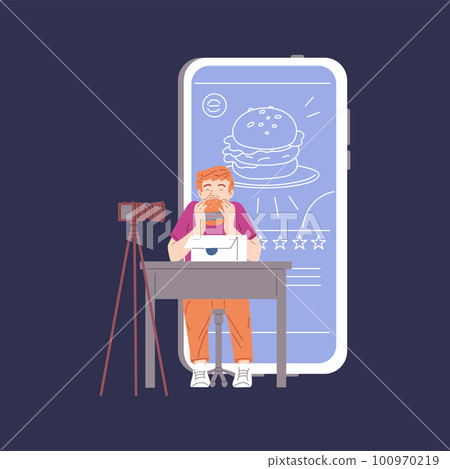 Food critic or food blogger eats behind camera, vector illustration isolated. Food critic or food blogger eats behind camera, vector illustration isolated. 100970219