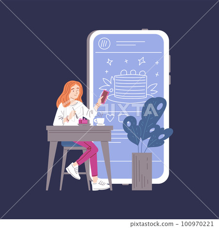 Woman eating cake and rating it in social media, flat vector illustration isolated on dark background. Woman eating cake and rating it in social media, flat vector illustration isolated on dark background. 100970221