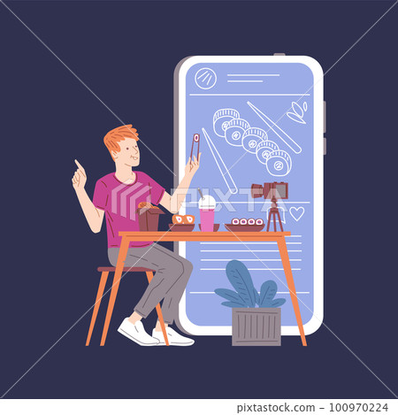 Food blogger eating sushi and taking video, flat vector illustration isolated on dark background. Food blogger eating sushi and taking video, flat vector illustration isolated on dark background. 100970224