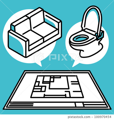 Blueprints and planning of furniture (sofa) and equipment (toilet) Blueprints and planning of furniture (sofa) and equipment (toilet) 100970454