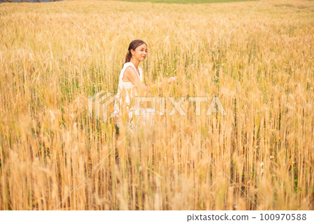 Young Asian women in white dresses in the Barley rice field Young Asian women in white dresses in the Barley rice field 100970588